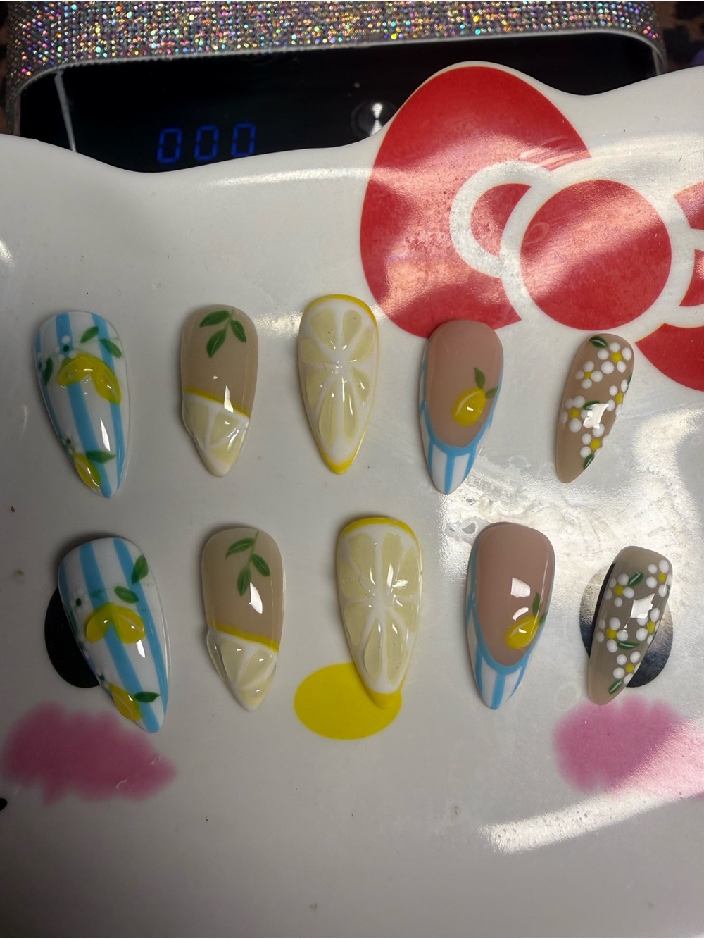 Hand-Painted Lemon & Floral Press-On Nails - Blue, Yellow, Nude